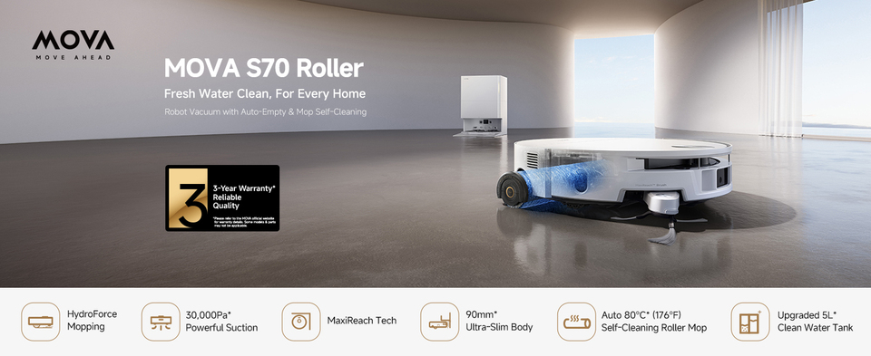 thumbnail video image 2 of MOVA S70 Roller Robot Vacuum and Mop, Mopping with 4700Pa Downward Pressure, 30,000Pa Suction, Ultra Slim Body, Edge-to-Edge Cleaning, Auto 80°C Self-Cleaning Roller Mop, 2 of 11