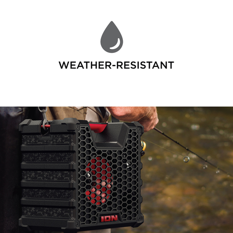 Tailgater™ Tough is weather resistant view of product hanging on fisherman&#39;s shoulders using the metal tie downs on product