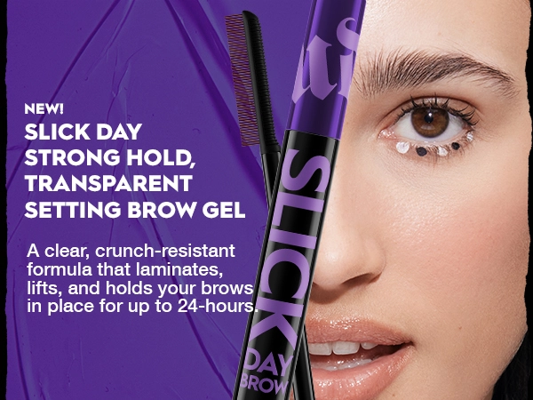 A model wearing Slick Day Brow with a purple background and product.