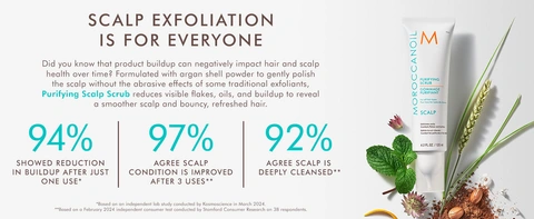 SCALP EXFOLIATION IS FOR EVERYONE Did you know that product buildup can negatively impact hair and scalp health over time? Formulated with argan shell powder to gently polish the scalp without the abrasive effects of some traditional exfoliants, Purifying Scalp Scrub reduces visible flakes, oils, and buildup to reveal a smoother scalp and bouncy, refreshed hair.