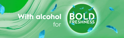 Scope Outlast Cool Peppermint is with alcohol for bold freshness and mint leaves are surrounding a splash of rinse to show the freshness.