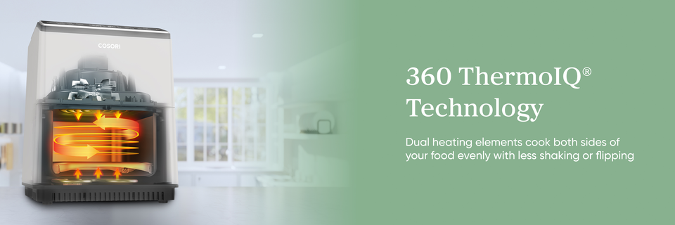 On a banner, an image shows a mostly oyster white, boxy air fryer on a white countertop. With its basket transparent, orange arrows within appear as if they are swirling. More arrows at the top and the bottom of the cavity point towards the center. Text beside the image reads, “Three-sixty Thermo-I-Q Technology. Dual heating elements cook both sides of your food evenly with less shaking or flipping.”