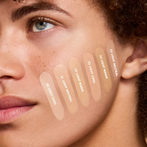 Soft Glam Satin Foundation light shades on model