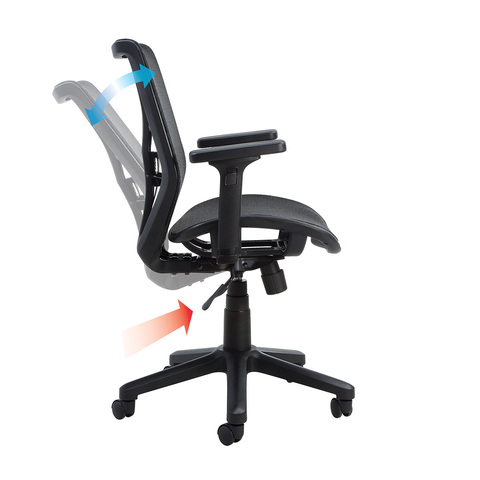 Side view of the chair with arrows showing the lever to activate reclining back function.