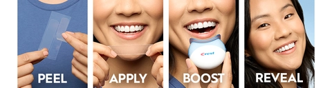 How To Use Crest 3DWhitestrips. Step 1 - Peel, image of hands peeling whitestrip. Step 2 - Apply, image of woman applying whitestrip. Step 3 - Boost, image of woman boosting with LED light. Step 4 - Reveal, image of woman smiling brightly.