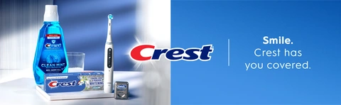 Your full oral care: Crest Baking Soda and Peroxide whitening toothpase, iO toothbrush, Crest rinse and floss visible in a bathroom.