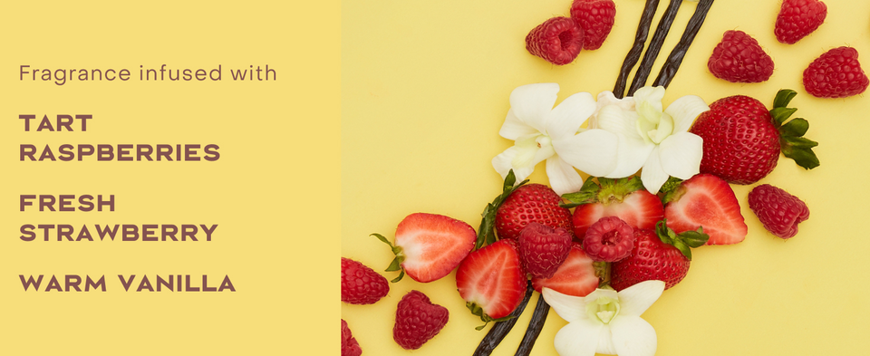 Image of fragrance infusion ingredients: tart raspberries, fresh strawberry &amp; warm vanilla.