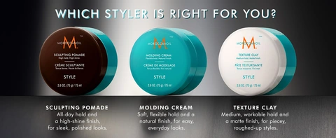 Moroccanoil sculpting pomade, molding cream, and texture clay for hold, shine, and matte styles