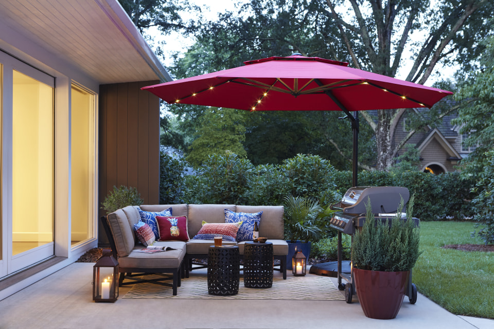 SimplyShade 11-ft Tan Solar Powered Auto-tilt Cantilever Patio Umbrella  with Base in the Patio Umbrellas department at Lowes.com