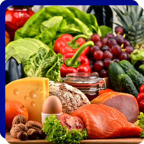 Image of fresh vegetables, fruits, nuts, cheese, and meat.
