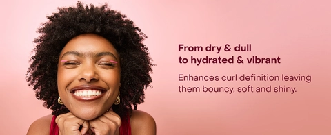 Image of a woman with curly hair, next to text highlighting benefits of our hydration smoothie.