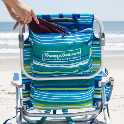 Towel in storage pouch on back of beach chair