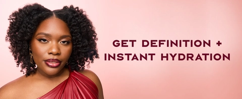 Image of a black woman with curly hair next to text about definition and instant hydration.
