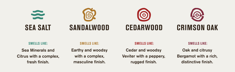 Available in Sea Salt, Sandalwood, Cedarwood, and Crimson Oak scents.