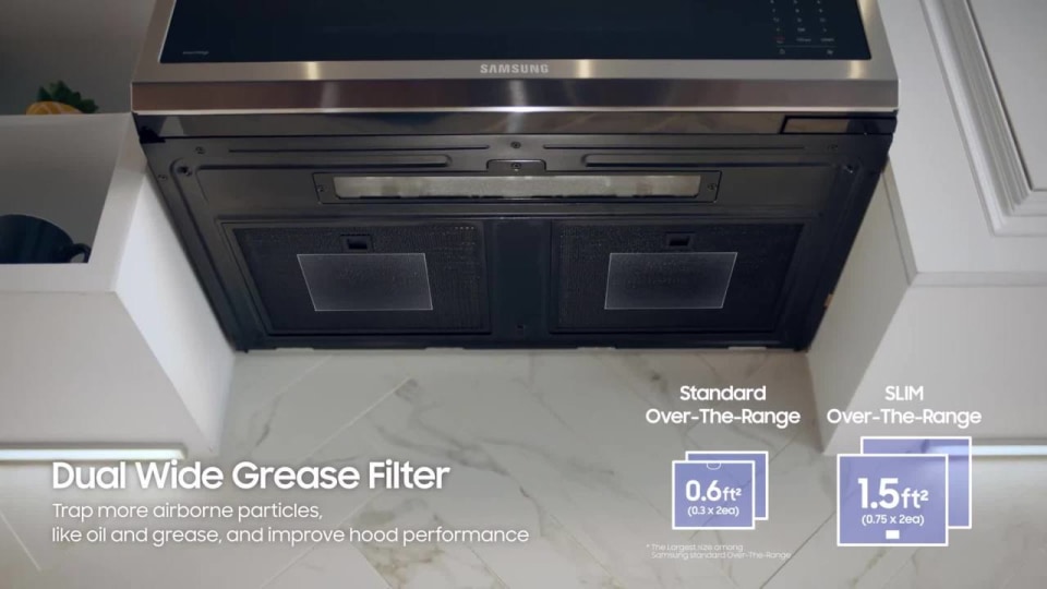 thumbnail video image 2 of Samsung 2.1 Cu. Ft. Over The Range Microwave with Sensor Cooking in Black Stainless Steel, 2 of 8