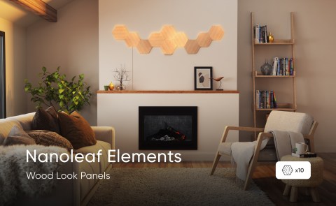 Nanoleaf Elements Wood Look light panels installed on the wall.