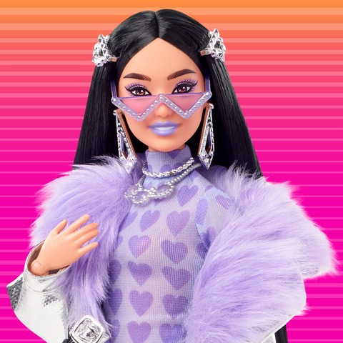 Barbie Doll and Accessories, Barbie Extra Fashion Doll with Crimped  Lavender Hair and Checkered Jacket, Pet Puppy