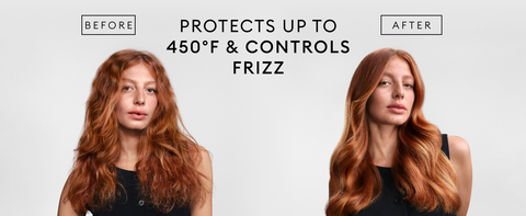 Before &amp; after of a woman with red hair, frizzy on the left and sleek and healthy hair on the right.