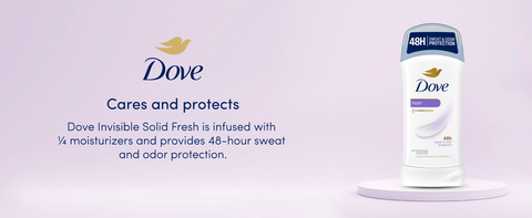 Solid Fresh antiperspirant deo stick on circular platform against lavender background &amp; text nearby.