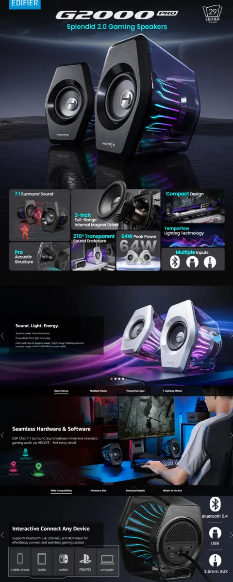 Edifier G2000 Pro 2.0 Bluetooth Gaming Speakers with RGB Lighting