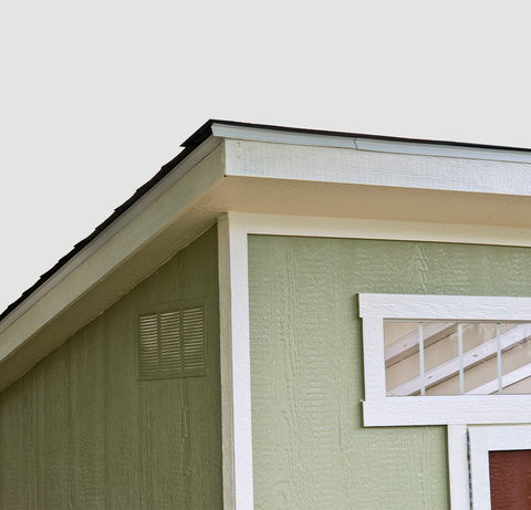 Close up of Aston shed front and side roof overhang.