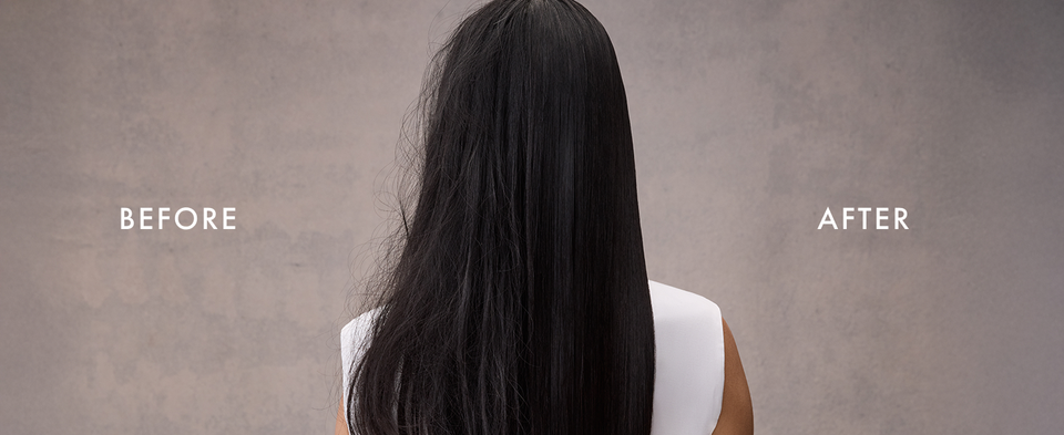 Before-and-after shot of straight hair going from damaged and frizzy to moisturized and soft.