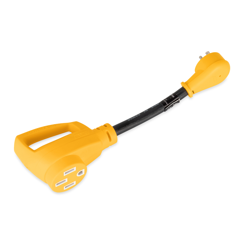thumbnail video image 2 of Camco Power Grip Dogbone RV Electrical Adapter - 125 Volts, 1875 Watts - 12-inches, Yellow (55168), 2 of 7
