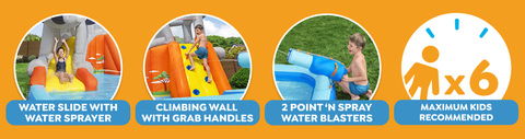 The mega water park features a water slide with a water sprayer, a climbing wall with grab handles and two point 'n spray water blasters.