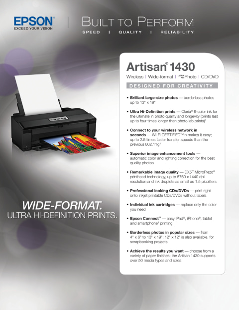 Epson Artisan 1430 Wireless Color Wide Format Inkjet Printer C11cb53201 7755