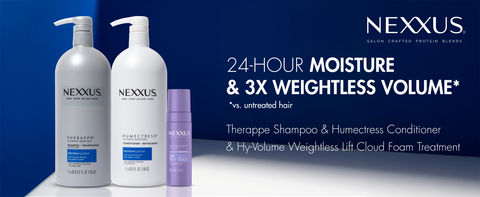 NEXXUS shampoo, conditioner &amp; foam treatment with white text in a blue corner with gray floor.
