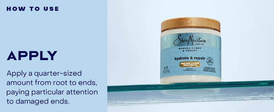 Image of a Hydrate &amp; Repair Protein Power Treatment pot, next to applying instructions.