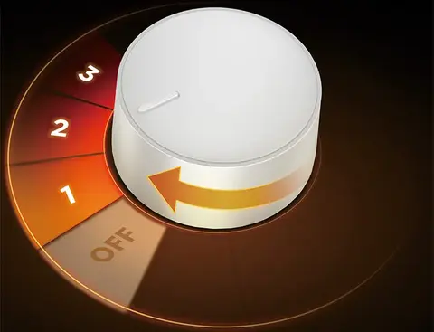 A diagram showing the 3 heat settings on the controls of the heater.