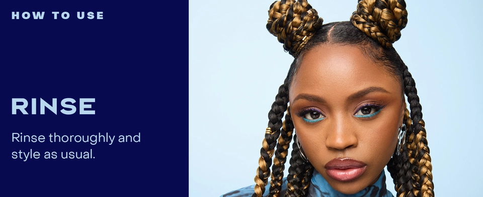 Image of a young black woman with braided hair, next to rinsing instructions.