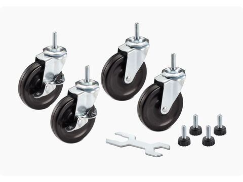 set of wheels and feet levelers for shelving racks