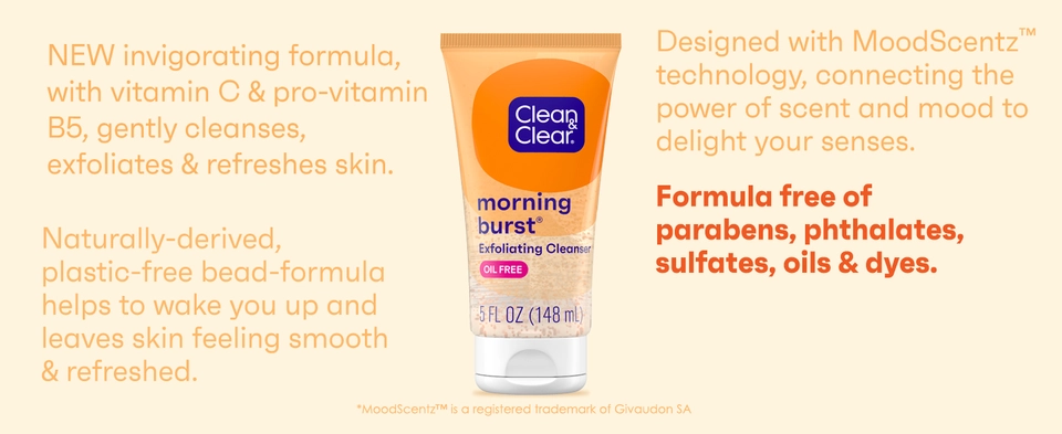 Bottle of Clean & Clear Morning Burst Exfoliating Facial Cleanser on orange background