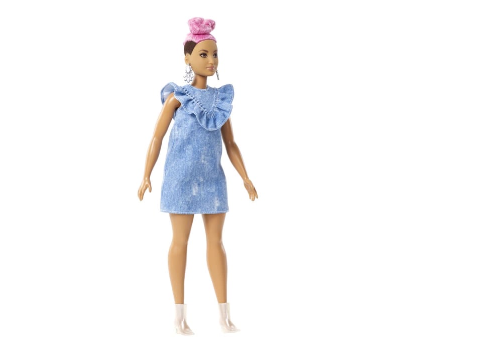 thumbnail video image 2 of Barbie Fashionistas Doll, Curvy Body Type Wearing Ruffled Denim Dress, 2 of 4