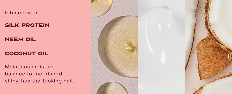 Image of formula infusion ingredients: silk protein, neem oil &amp; coconut oil.