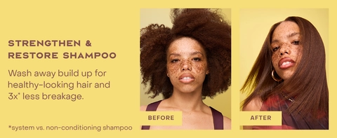 2 images of the same woman before &amp; after applying our treatment for healthy-looking hair.