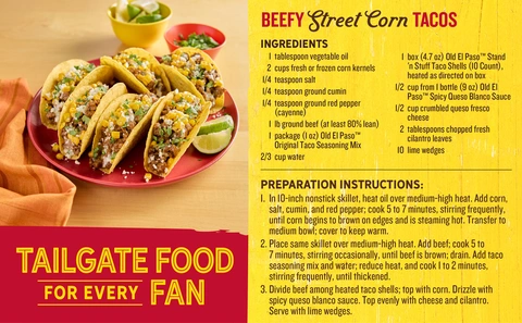 Make beefy street corn tacos with taco  seasoning mix, corn, taco shells, queso fresco  cheese and more