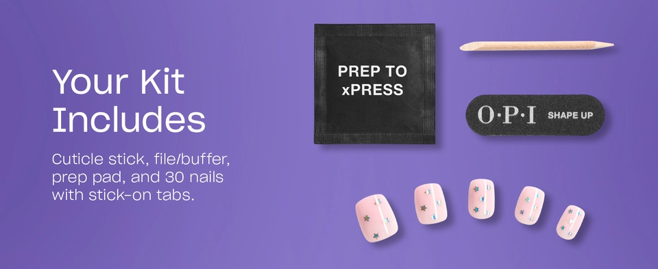 Kit includes prep alcohol pad, cuticle pusher stick, nail file and 30 nails in different sizes