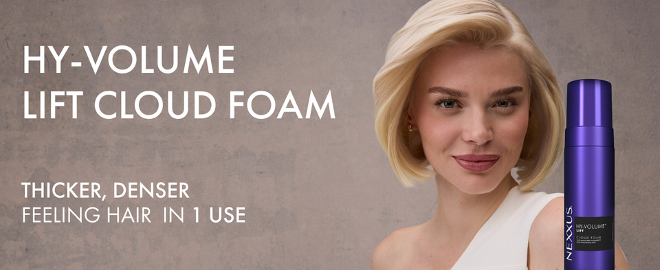 Woman with short straight hair aside product's bottle next to text highlighting product benefits.