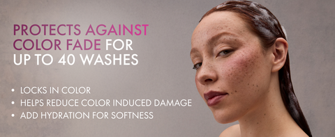 Young woman with freckles and wet red hair covered in shampoo foam beside color protection text.