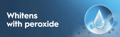 Crest Breath Bacteria Blast whitens with peroxide and it is shown with a drop surronded with foam.