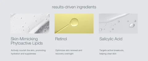 Skincare ingredients panel with retinol, salicylic acid, and phytoactive lipids for clear skin