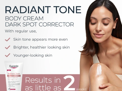 Radiant Tone Body Cream Dark Spot Corrector with woman with closed eyes; "With regular use, skin tone appears more even" benefit highlighted. Long dark hair, peaceful expression on light background.
