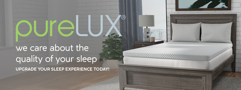 PureLUX branding with 3&quot; graphite memory foam topper on mattress in bedroom setting