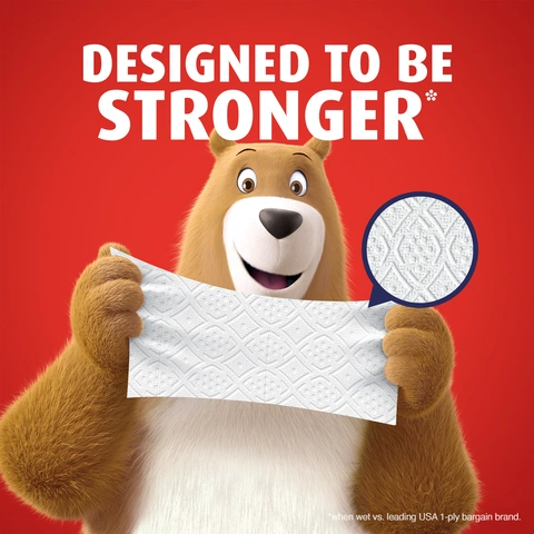 Bear showing the Charmin Ultra Strong Mega toilet paper texture.