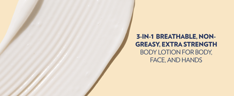 A bit of lotion spread on the surface next to text highlighting the benefits of body lotion.