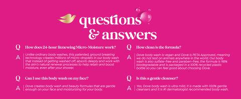 Q&amp;A section on a fuchsia background with a golden dove emblem &amp; soft bubbles.