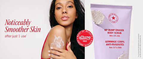 Model demonstrating noticeably smoother skin after use of KP scrub